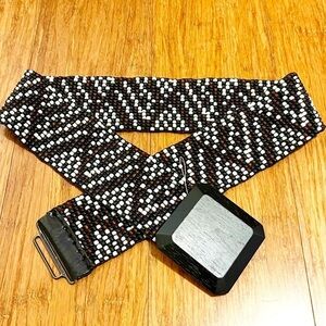 NWOT Bohemian beaded black, brown, & white stretchy wide belt square buckle L/XL
